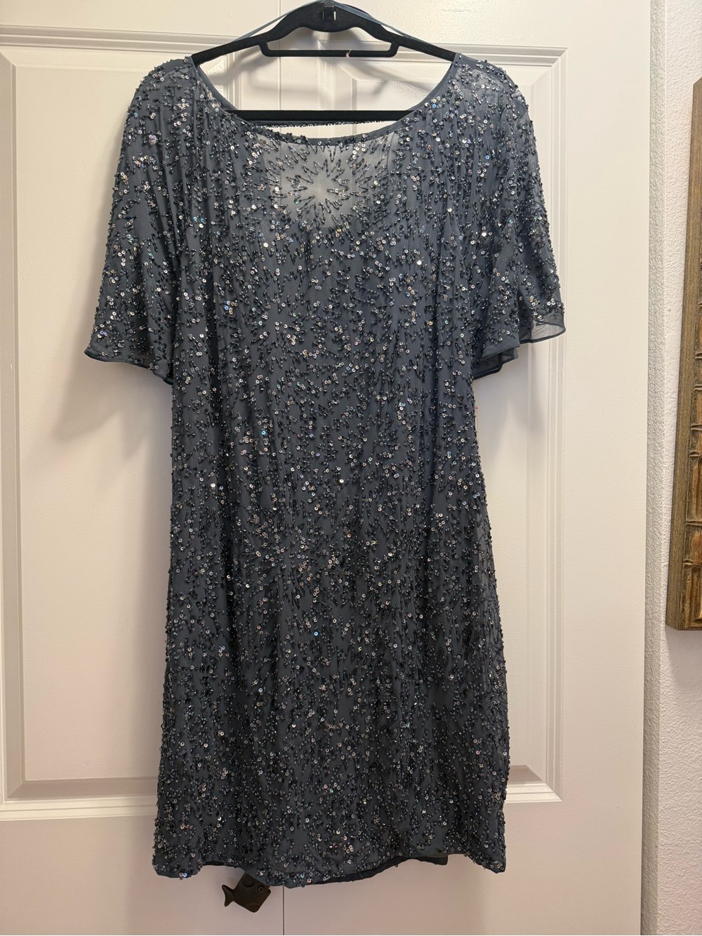 Aidan Mattox Slate Blue Beaded Short Sleeve Cocktail Dress